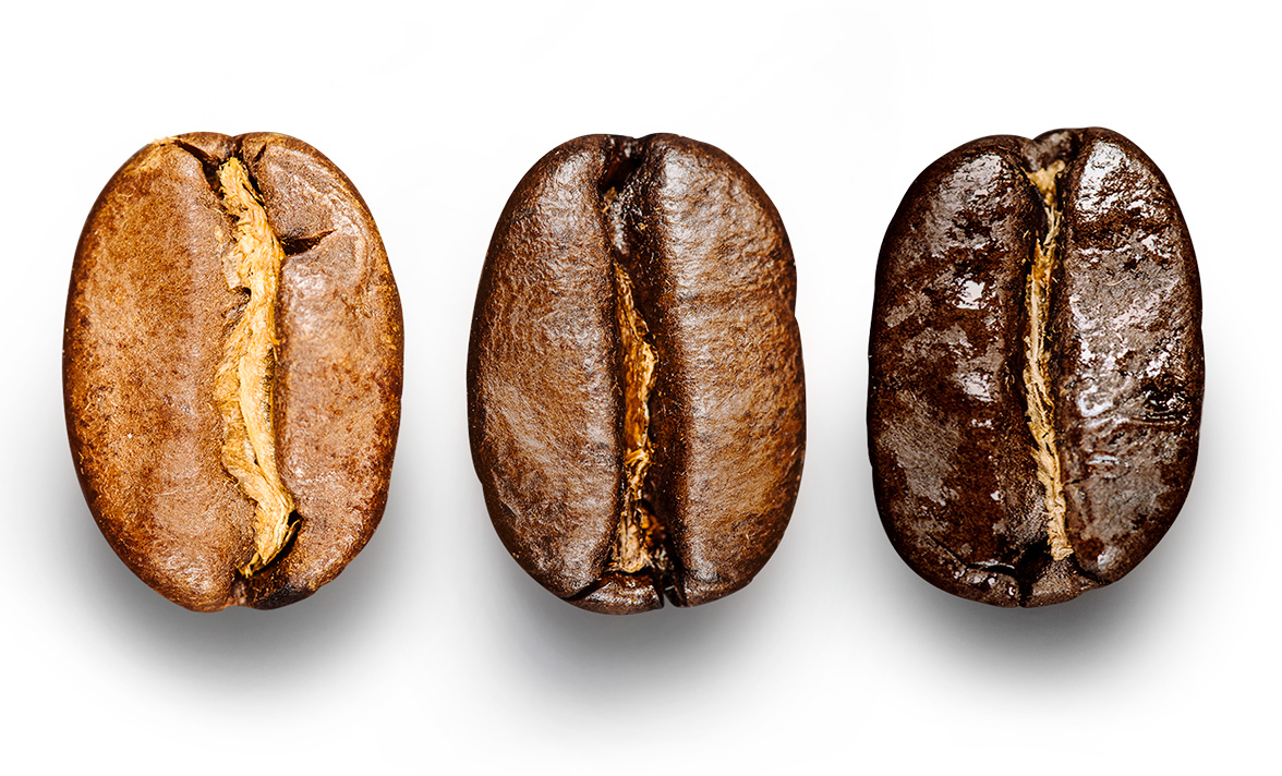 3 beans of coffee in different roasting colors